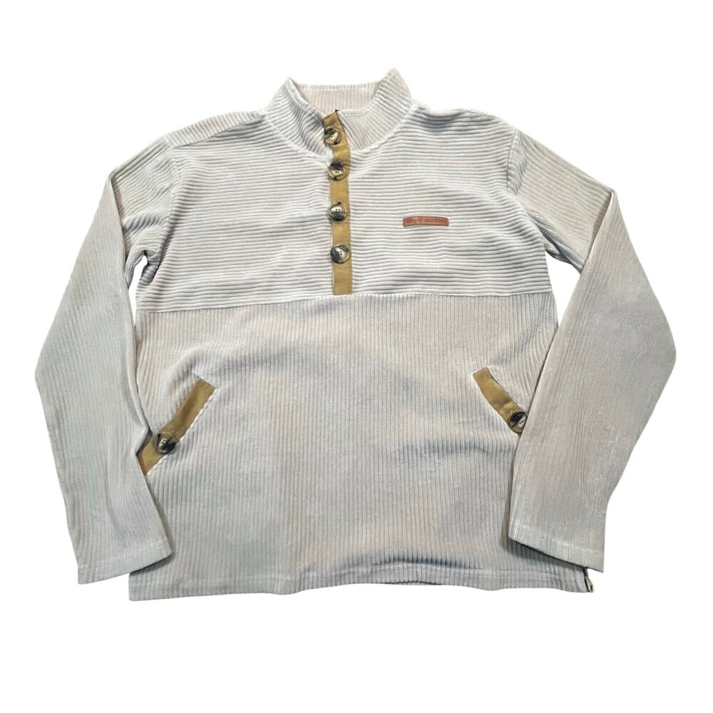 Simply Southern Ribbed Pullover Beige Button Up Quarter Button Women L Size Zip